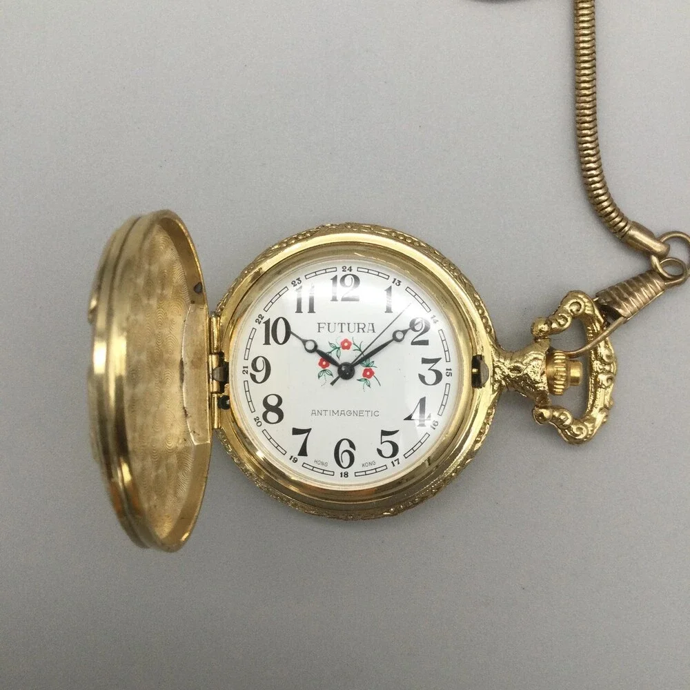 Futura Pocket Watch Men 46mm Gold Tone Eagle Hunter Case Chain Antimagnetic